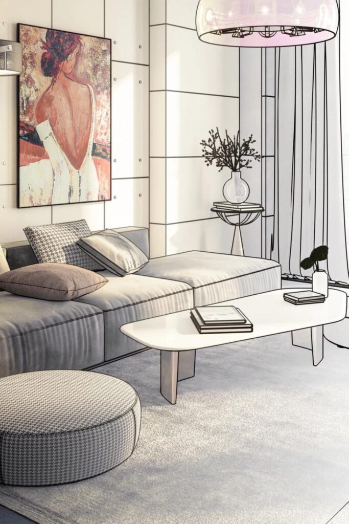 AI-generated 3D interior design visualization for modern living room